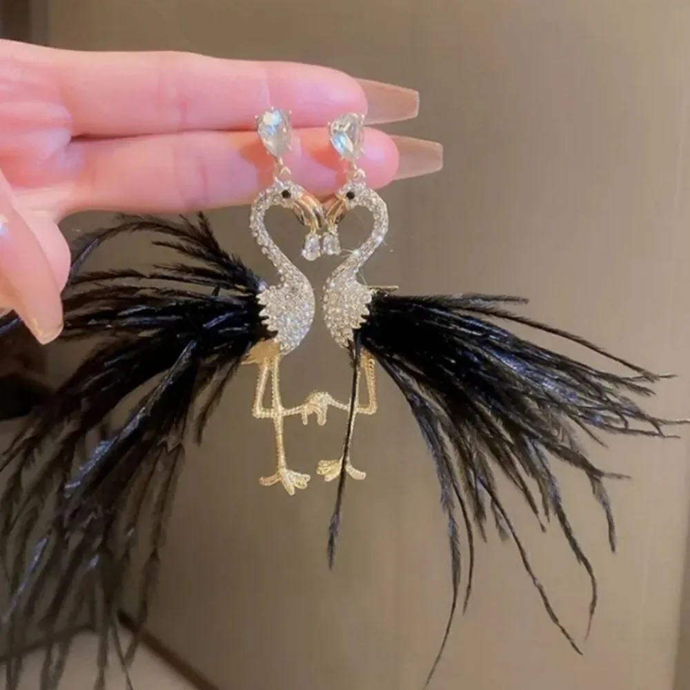 New SILVER POST FLAMINGO RHINESTONE BLACK FEATHER EARRINGS